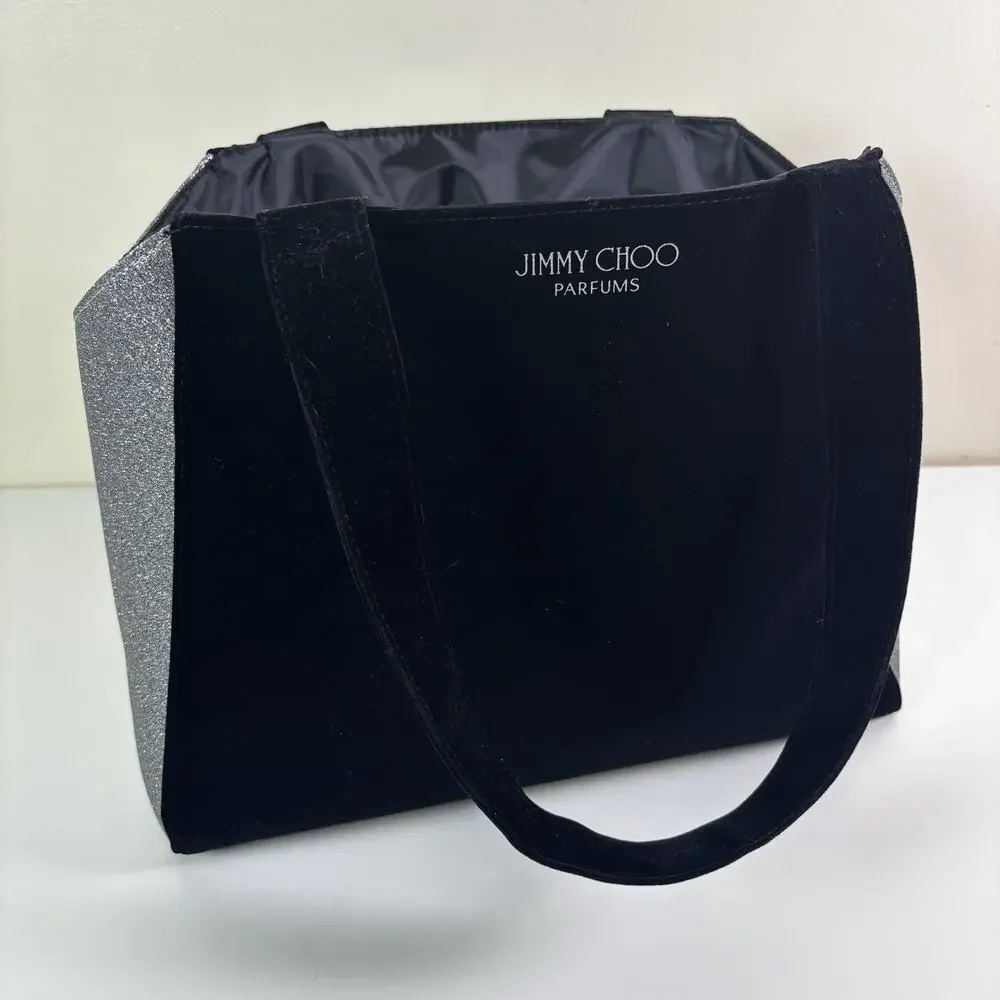 Jimmy Choo Parfums Tote Bag Black Velvet Silver Glitter Gift Bag Shoulder Strap